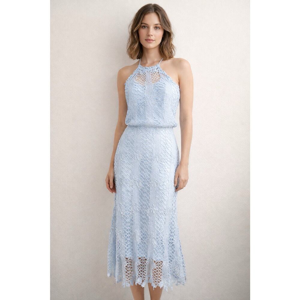 BOOHOO NWT Boutique Hedrig Crochet Midi Dress Blue Lace Sz L Easter Fairy FEME